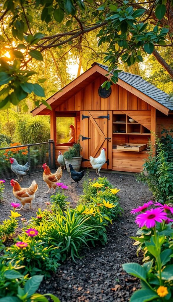 A well-designed chicken coop nestled in a lush, verdant garden. The coop's exterior features rustic wooden panels and a slanted roof, blending harmoniously with the natural surroundings. A spacious run extends from the coop, allowing the chickens ample room to roam and forage. Warm, golden sunlight filters through the foliage, casting a cozy glow on the scene. The coop's layout is thoughtfully planned, with nesting boxes, perches, and a secure entrance. Vibrant flora, such as flowering plants and herbs, border the run, creating a visually appealing and functional environment. The overall impression is one of a self-sustaining, nature-integrated system, suitable for the "Choosing the Right Chicken Coop and Run Setup" section of the article.