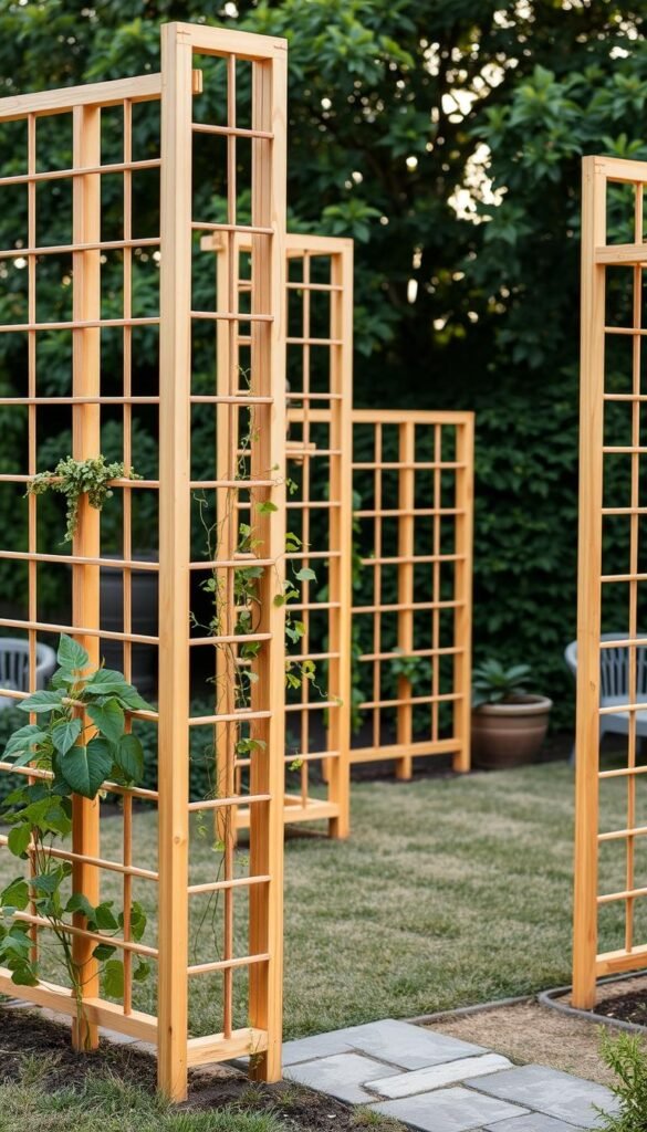 A well-designed, modular vertical gardening trellis system in a backyard setting. The trellises are constructed with sturdy wooden frames and feature a series of evenly spaced horizontal bars, creating a grid-like structure that supports the growth of climbing plants. The trellises are arranged in a symmetrical, organized layout, casting warm, diffused lighting across the scene. In the foreground, healthy vines and leafy greens cascade down the trellis frames, while the middle ground showcases the modular, customizable nature of the system, allowing for easy expansion and rearrangement. The background features a lush, natural setting, with verdant foliage and a subtle, inviting atmosphere, emphasizing the integration of the vertical gardening system into an idyllic backyard environment.