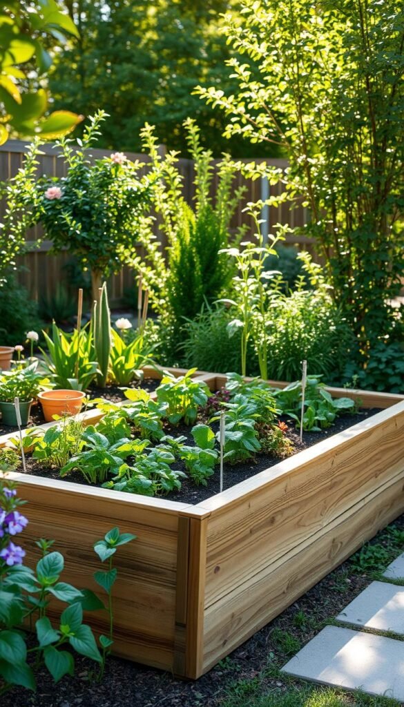 A well-designed raised garden bed nestled in a lush, sun-dappled backyard. The bed is constructed from weathered cedar planks, with a neat arrangement of vibrant, thriving vegetables and herbs. The surrounding area is dotted with a mix of flowering plants and shrubs, creating a natural, inviting atmosphere. Soft, warm lighting filters through the foliage, casting gentle shadows and highlighting the textures of the soil and plant life. The scene is captured from a slightly elevated angle, providing a clear, unobstructed view of the carefully planned layout and the harmonious integration of the garden with the overall backyard setting.