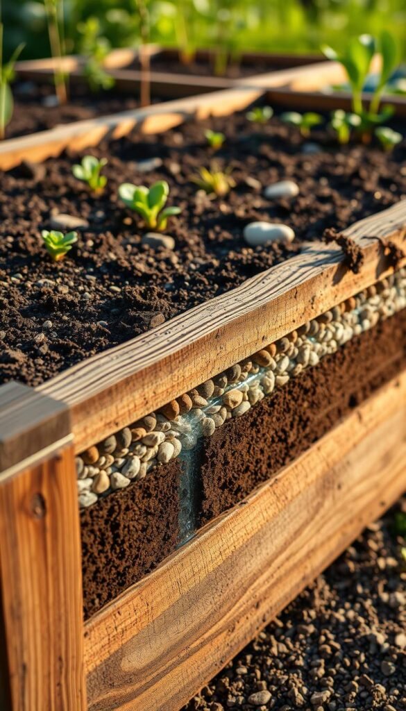 A well-designed raised garden bed with superior drainage, featuring a layered cross-section showcasing intricate soil composition and water flow dynamics. A crisp, high-resolution image captured with a wide-angle lens, highlighting the functional yet aesthetically pleasing design. The bed's construction utilizes premium materials like weathered wood and river rock, creating a natural, earthy tone. Warm, diffused lighting from the side illuminates the textural details, emphasizing the intentional drainage channels and the careful balance of soil, gravel, and organic matter. The overall scene conveys a sense of horticultural expertise and thoughtful gardening practices, perfectly aligning with the article's focus on functional yet beautiful raised bed design.