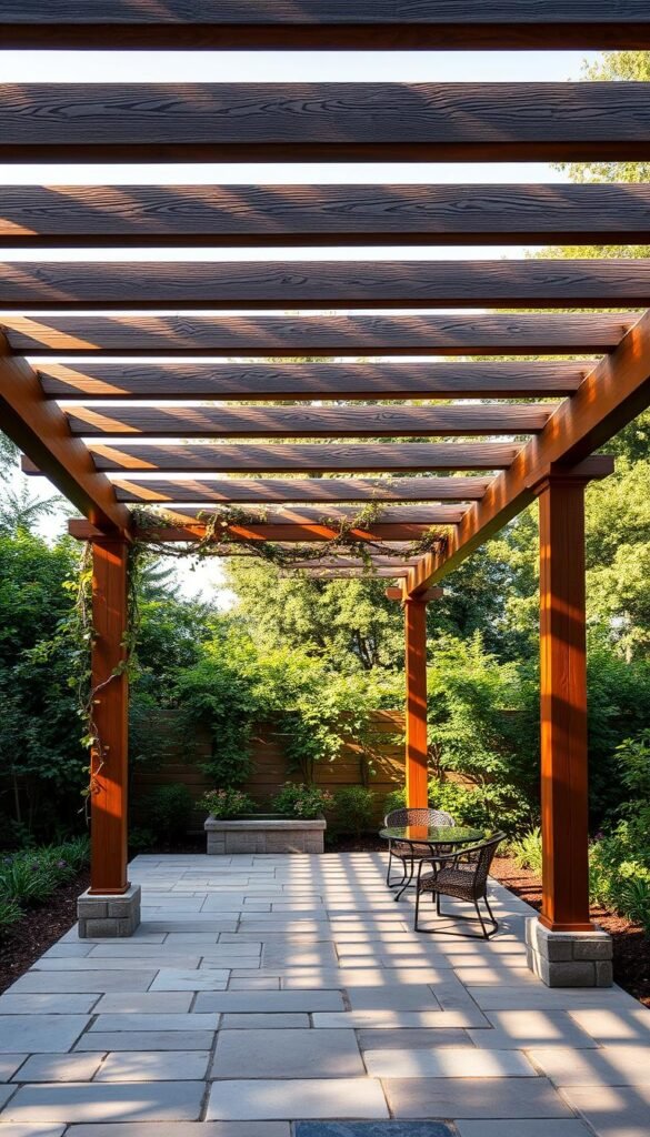 A well-designed, versatile pergola stands proudly in a lush garden, its slatted beams casting intricate patterns of light and shadow across a stone patio. Delicate climbing vines weave through the structure, adding a touch of natural elegance. The pergola's sturdy, modern aesthetic seamlessly blends with the surrounding greenery, creating a captivating focal point that invites leisurely relaxation. Warm, directional lighting highlights the tactile textures of the wood and stone, setting a serene, contemplative mood. The overall scene exudes a sense of balance and harmonious integration, perfectly capturing the essence of a welcoming, functional garden pergola.