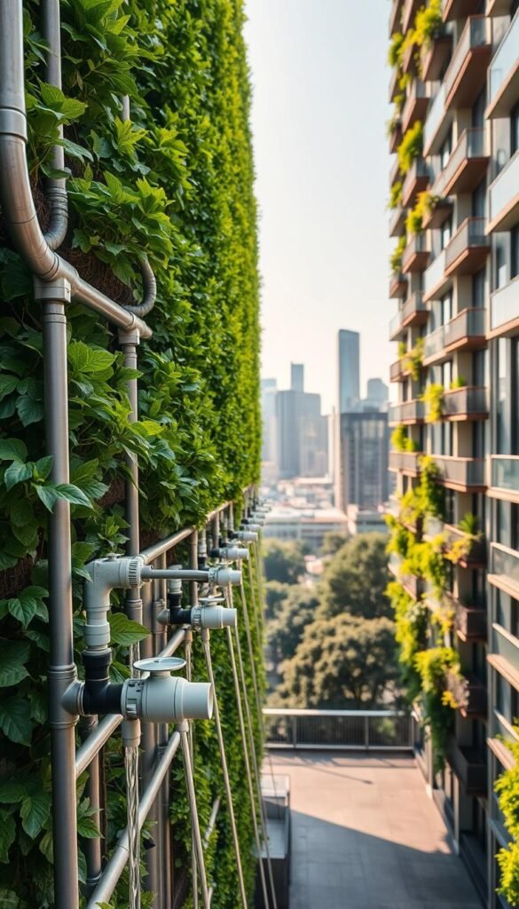 A well-designed vertical garden irrigation system, with lush greenery cascading down a modern urban building facade. The foreground features a close-up view of the intricate network of pipes, drip emitters, and water flow controls, showcasing the efficient watering mechanism. The middle ground reveals the verdant, thriving plants that line the vertical surfaces, creating a stunning visual oasis. In the background, the city skyline provides a striking contrast, emphasizing how this self-sustaining system maximizes limited urban space. The scene is bathed in warm, natural lighting, casting gentle shadows and highlighting the vibrancy of the vegetation. A harmonious blend of technology and nature, this vertical garden irrigation system embodies the principles of sustainable urban design.