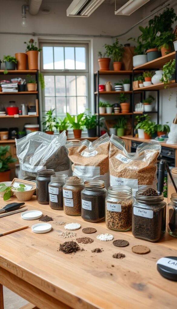 A well-equipped urban garden workshop, with a wooden workbench in the foreground displaying various soil testing tools and amendments. In the middle ground, a variety of soil samples in labeled jars sit alongside bags of compost, perlite, and other organic matter. The background features shelves stocked with gardening supplies, potted plants, and a large window that allows natural light to stream in, creating a warm, nurturing atmosphere. The scene conveys the importance of thorough soil preparation and customization for successful urban vegetable gardening.