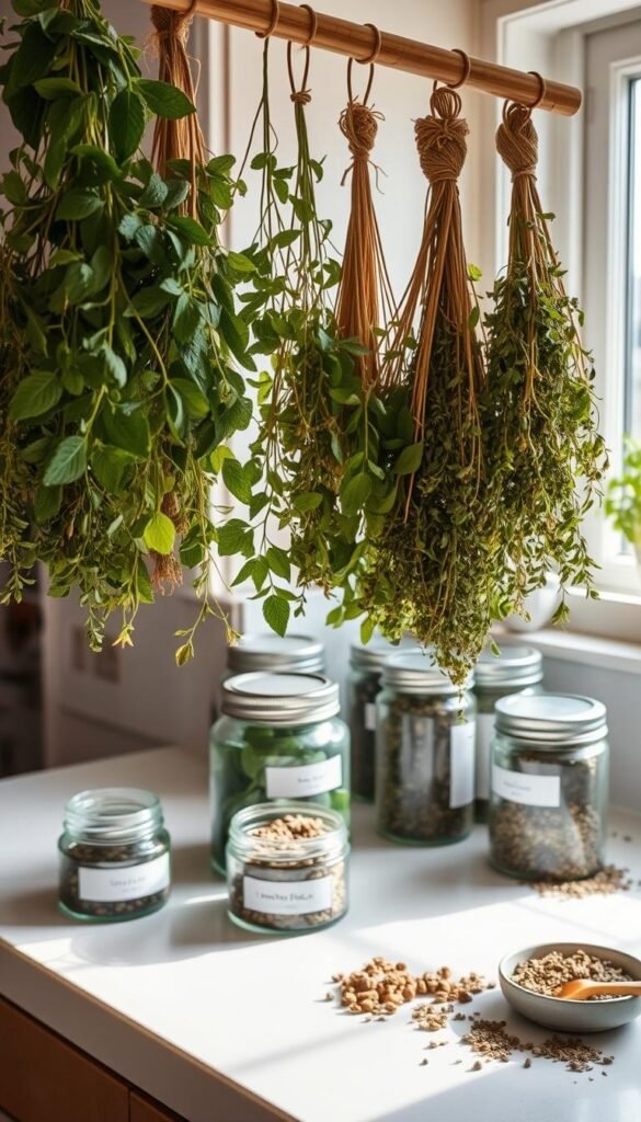 A well-lit, airy kitchen countertop with various drying herbs and tea leaves arranged neatly. In the foreground, bundles of freshly harvested herbs like mint, chamomile, and lemon balm hang from wooden racks, their leaves gently curling as they dry. In the middle ground, glass jars and tin canisters hold the dried herbs, their labels indicating the contents. Soft natural light filters in through a nearby window, casting a warm glow on the scene. The overall atmosphere is one of calm, order, and the comforting scent of drying herbs.