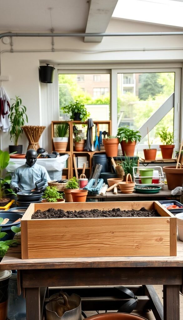 A well-lit, airy urban garden space with an assortment of planters, pots, and potting supplies arranged neatly. In the foreground, a large wooden planter box sits on a sturdy table, ready to be filled with soil and plants. Behind it, several smaller pots and containers of various sizes and materials are grouped together, creating a visually appealing arrangement. The middle ground features a mix of gardening tools, gloves, and other accessories, all organized and ready for use. In the background, a large window or sliding glass door provides ample natural light, creating a warm and inviting atmosphere. The overall scene conveys a sense of preparation and anticipation for the upcoming container gardening project.