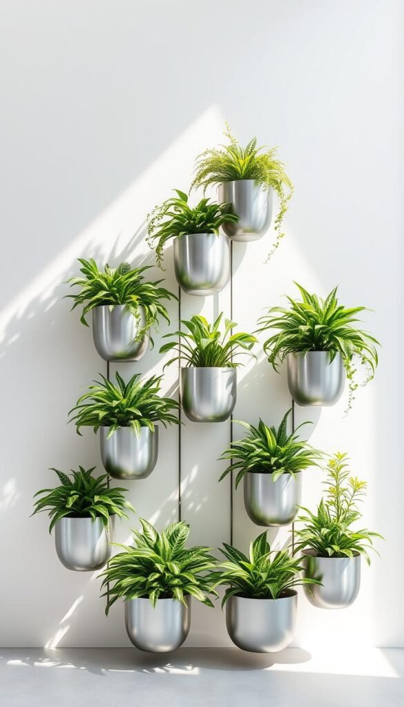 A well-lit, airy vertical gardening setup featuring a series of modern, minimalist planters in sleek metallic finishes. The planters are neatly arranged in a cascading, asymmetrical layout, creating a visually dynamic composition. Lush, vibrant greenery spills out from each planter, creating a verdant, nature-inspired feel. The scene is bathed in soft, directional lighting that casts gentle shadows, accentuating the three-dimensional forms. The background is a clean, neutral tone that allows the planters and plants to take center stage. An overall sense of balance, harmony, and functional sophistication pervades the image.