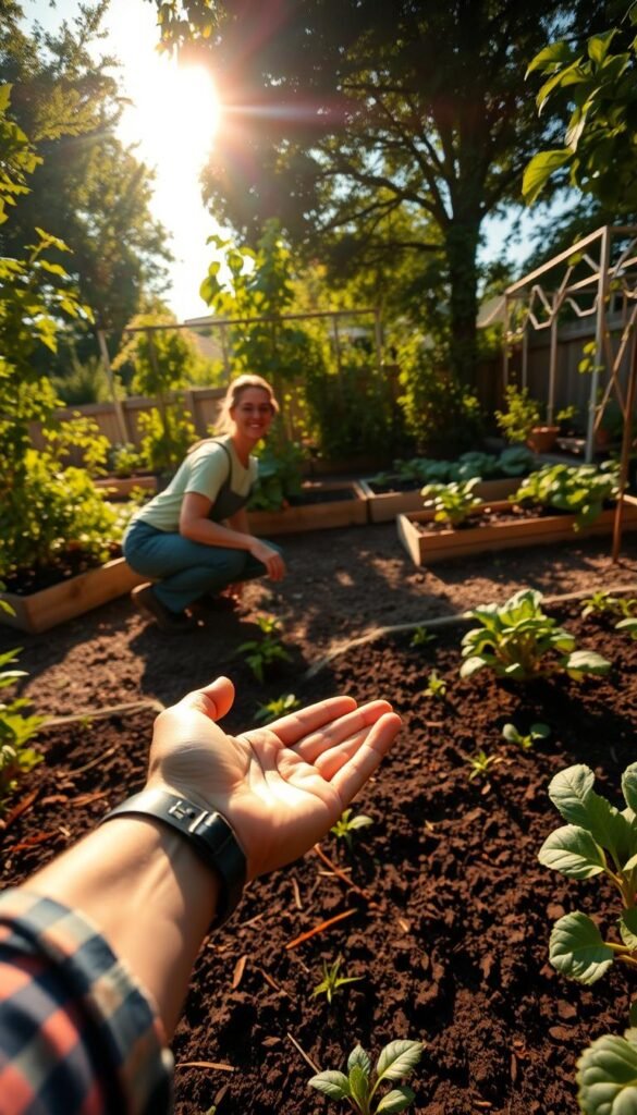 A well-lit backyard garden, the sunlight filtering through lush foliage. In the foreground, a gardener kneels, hand outstretched to assess the soil quality and identify the optimal planting spots. Overhead, a wide-angle lens captures the entire scene, showcasing the layout and positioning of raised beds, trellises, and other garden features. The atmosphere is one of careful planning and contemplation, with a sense of tranquility and connection to the natural world. Vibrant colors, crisp shadows, and a warm, golden hue create an inviting and serene visual. This image perfectly illustrates the essential planning required for a thriving vegetable garden.