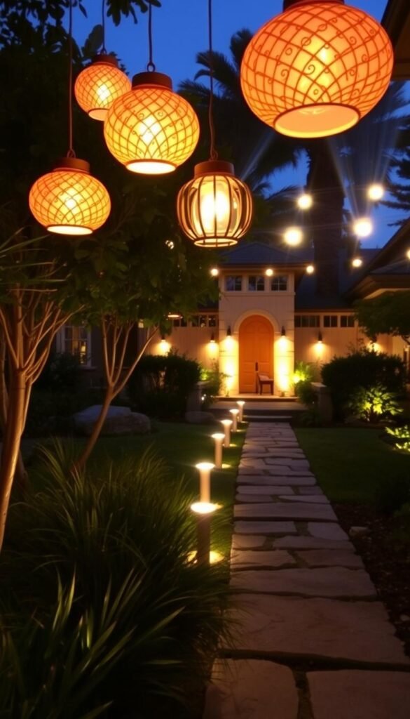 A well-lit backyard oasis with an array of creative lighting fixtures. In the foreground, a cluster of whimsical hanging lanterns casting a warm, ambient glow. In the middle ground, a row of minimalist path lights lining a stone walkway, guiding visitors through the serene garden. In the background, a collection of upward-facing spotlights highlighting the lush foliage and architectural features, creating depth and drama. The overall atmosphere is cozy, inviting, and infused with a sense of magical, enchanted wonder.