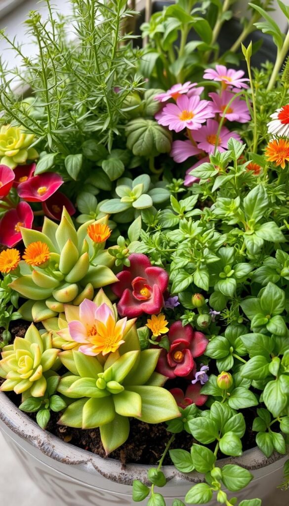 A well-lit close-up of an assortment of diverse container plants, including thriving succulents, verdant herbs, and colorful flowering annuals. The plants are arranged in a visually appealing, harmonious composition, showcasing expert techniques like strategic plant pairing, proper soil preparation, and efficient watering methods. The image conveys a sense of lush, vibrant growth and a balanced, healthy ecosystem. The lighting is soft and natural, emphasizing the textures and details of the plants. The composition is framed to highlight the container design, allowing the viewer to appreciate the aesthetic and functional elements of container gardening.
