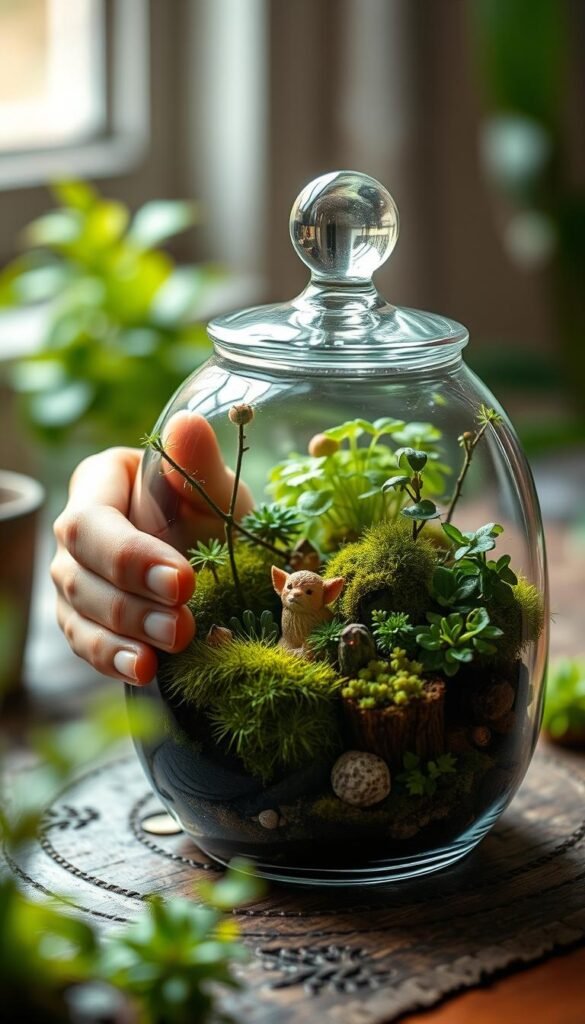 A well-lit, close-up view of a person's hands gently tending to a small, lush terrarium. The foreground shows the hands delicately pruning and rearranging the miniature plants, moss, and decorative elements, creating a sense of careful curation. The middle ground reveals the transparent glass container, highlighting the intricate ecosystem within. The background is softly blurred, placing the focus on the hands' meticulous work, conveying a sense of tranquility and attention to detail. The lighting is natural and diffused, casting a warm, earthy tone over the scene, reflecting the serene, verdant atmosphere of the fairy garden terrarium.
