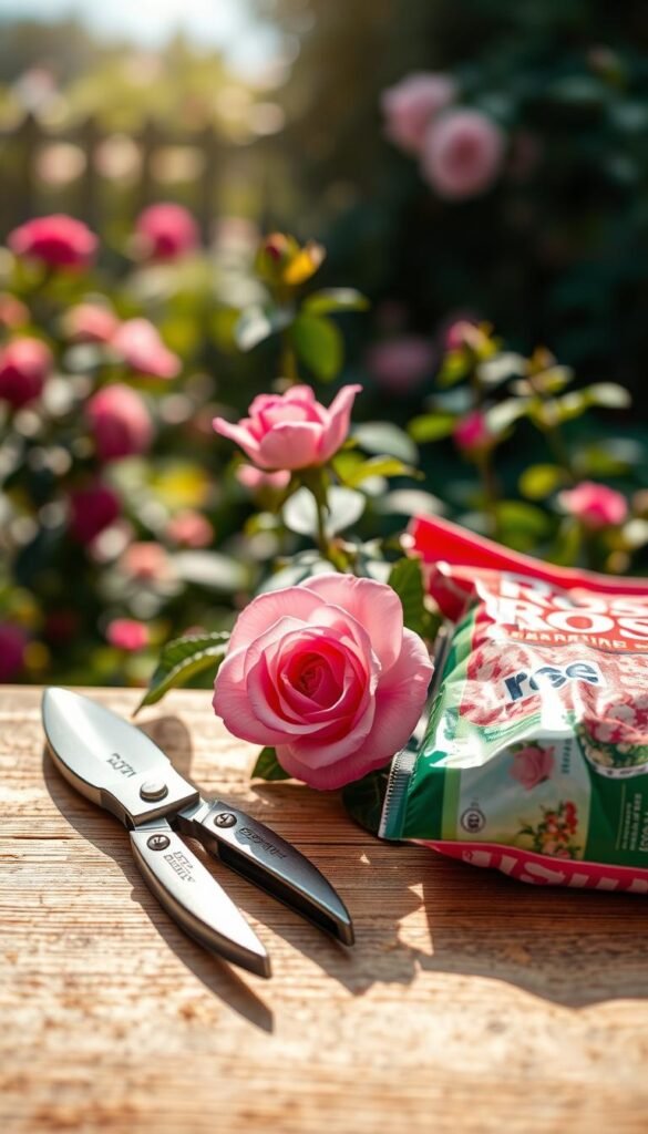 A well-lit, close-up view of essential shrub rose care items arranged on a natural wooden surface. In the foreground, a pair of pruning shears, a small hand trowel, and a bag of rose fertilizer. In the middle ground, a healthy, vibrant shrub rose bloom emerges, its petals softly illuminated. The background showcases a blurred, sun-dappled garden scene, hinting at the proper environment for growing thriving shrub roses. The overall composition conveys a sense of care, attention to detail, and a deep appreciation for the beauty and needs of these versatile rose varieties.