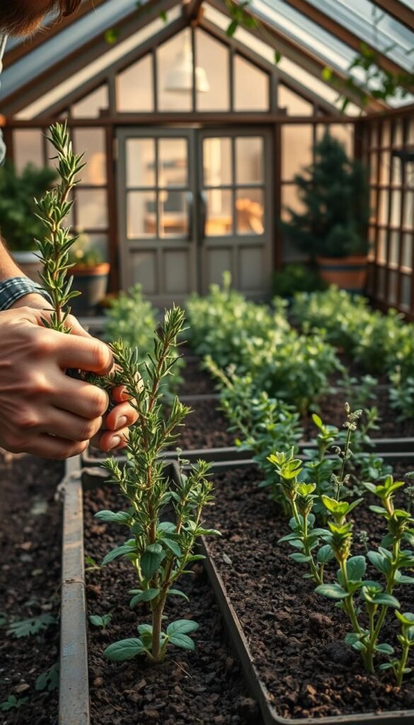 A well-lit, cozy gardening scene showcasing the seasonal care of medicinal herbs. In the foreground, a gardener's weathered hands gently prune fragrant rosemary and sage plants, their leaves illuminated by soft, natural light. In the middle ground, rows of vibrant, healthy herb seedlings stand in raised garden beds, their verdant foliage contrasting with the rich, loamy soil. The background features a charming, rustic greenhouse, its glass panes glowing with a warm, inviting ambiance, hinting at the winter sheltering of delicate herb varieties. The overall atmosphere conveys a sense of peaceful productivity, capturing the essence of thoughtful, seasonal herb cultivation.