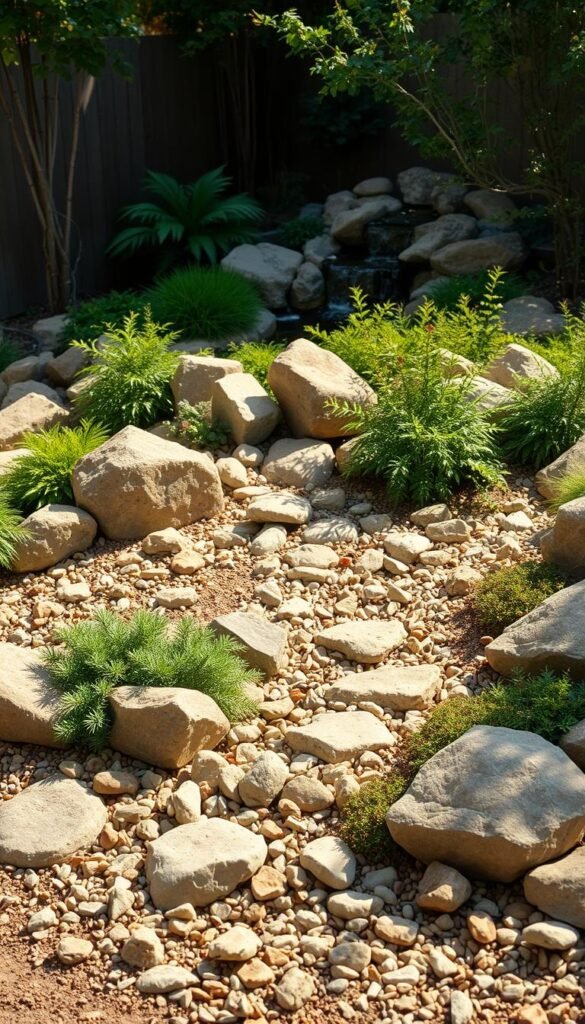 A well-lit, detailed rock garden installation in a backyard setting. The foreground features an arrangement of various-sized rocks, boulders, and pebbles, carefully placed to create a natural, textured landscape. Lush, verdant foliage, including small shrubs and ground cover plants, fills the middle ground, adding depth and visual interest. In the background, a tranquil water feature, such as a small pond or waterfall, enhances the serene, earthy atmosphere. The lighting is warm and diffused, casting gentle shadows and highlights that accentuate the rugged, organic forms of the rocks. The overall composition evokes a sense of harmony and balance, showcasing the beauty of a thoughtfully crafted DIY rock garden.