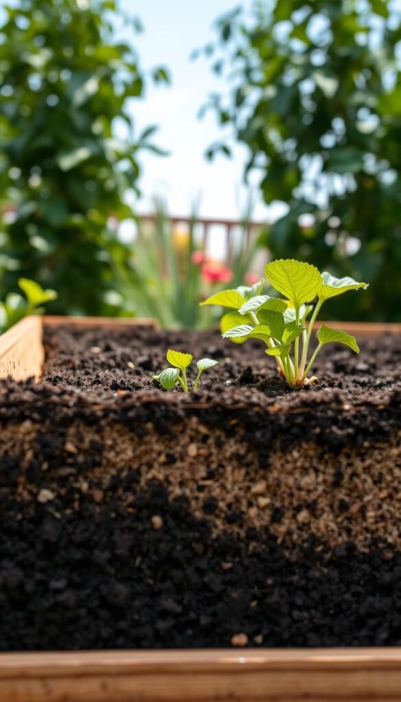 A well-lit, high-quality close-up of a raised garden bed, showcasing the soil texture and drainage capabilities. The foreground features a cross-section of the raised bed, revealing the layered soil composition - dark, nutrient-rich topsoil transitioning into a lighter, more porous subsoil for optimal drainage. The middle ground displays healthy plants thriving in the ideal soil conditions, with roots visibly penetrating the layers. The background depicts a lush, verdant garden setting, emphasizing the benefits of raised beds for edible gardening. The image is captured with a shallow depth of field, placing the soil quality and drainage in sharp focus, while the surrounding garden provides a complementary, out-of-focus backdrop.
