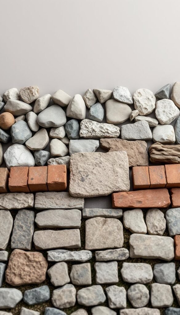 A well-lit, high-quality closeup image of an array of various hardscaping materials laid out for comparison, including smooth river rocks, textured paving stones, rustic bricks, and weathered cobblestones. The materials are arranged in an organized, visually appealing display against a plain neutral background, allowing their unique textures, colors, and patterns to be clearly seen and compared. The image has a crisp, professional aesthetic, capturing the materials in a way that showcases their suitability for use in a beautiful front yard flower garden setting.