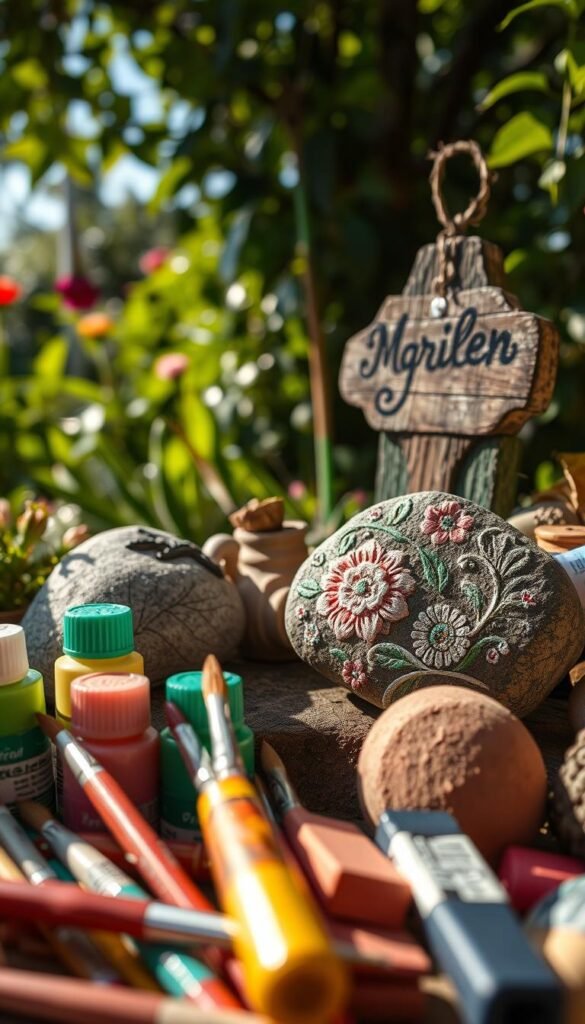 A well-lit, high-resolution close-up photograph of various DIY painting techniques for decorating garden ornaments. In the foreground, a colorful assortment of acrylic paints, brushes, and sponges. In the middle ground, a stone painted with a detailed floral design, and a wooden garden sign with a hand-painted nature motif. The background shows a serene, sun-dappled outdoor setting with lush greenery. The lighting is warm and natural, with soft shadows accentuating the texture and details of the materials. The overall mood is one of creativity, artistry, and a personalized touch for a whimsical fairy garden.