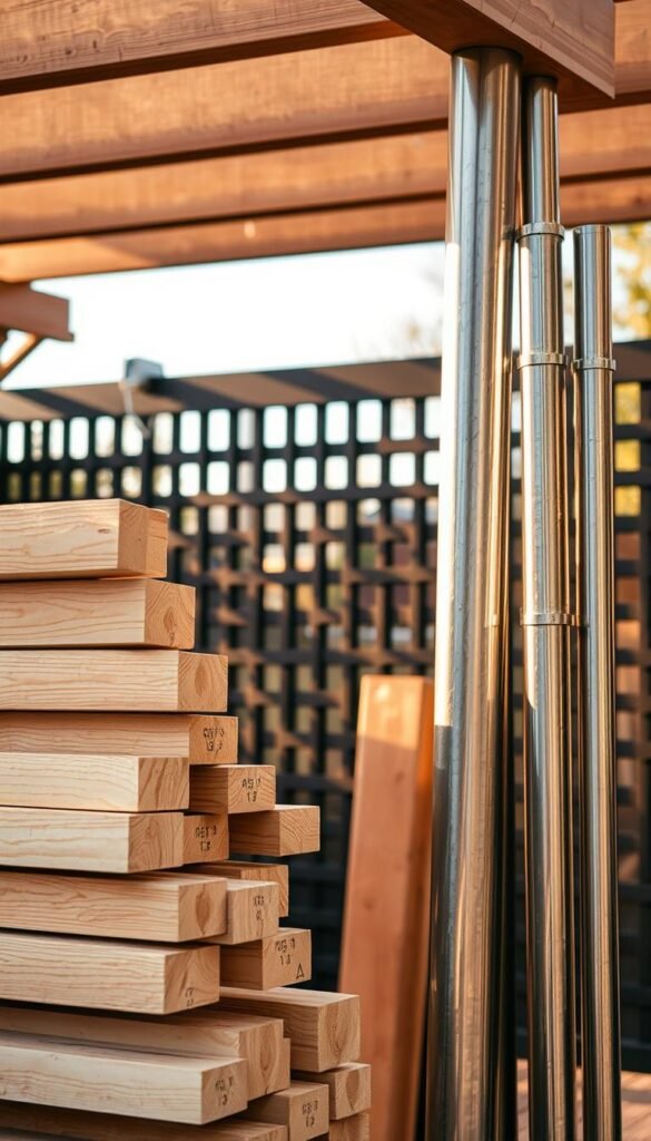 A well-lit, high-resolution close-up shot of an assortment of natural and industrial pergola materials. In the foreground, a stack of smooth, light-colored wooden beams, their grains visible. Next to them, a bundle of sturdy, brushed metal poles and fittings. In the middle ground, an array of dark, textured vinyl lattice panels. The background is softly blurred, suggesting a serene outdoor setting. The lighting is warm and directional, casting shadows that accentuate the textures and materials. The overall composition highlights the contrasting yet complementary qualities of these versatile pergola components.