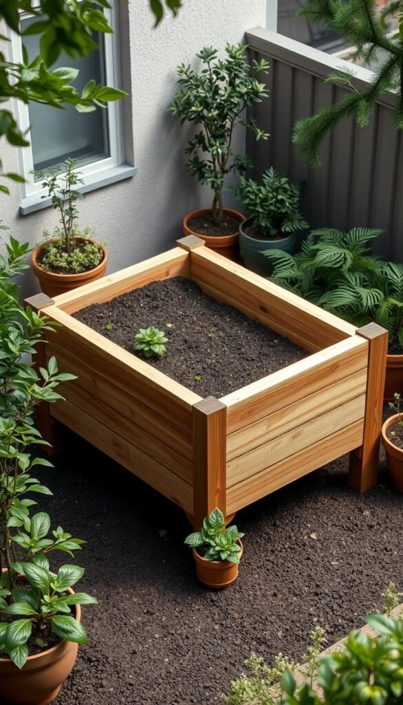 A well-lit, isometric view of a raised garden bed in a lush, urban backyard setting. The bed is constructed from high-quality cedar wood, with clean, crisp lines and a smooth, natural finish. The dimensions of the bed are clearly visible, showcasing its optimal size and proportions for healthy, abundant crop growth. The bed is elevated on sturdy legs, allowing for easy access and improved drainage. The surrounding vegetation, such as potted plants and small trees, creates a harmonious, biophilic atmosphere, highlighting the integration of the raised bed into the urban landscape. The lighting is soft and diffused, casting gentle shadows that accentuate the bed's structure and textures. An overall sense of balance, functionality, and aesthetic appeal pervades the scene.
