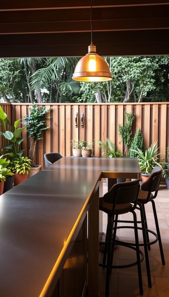 A well-lit, modern outdoor bar with weather-resistant materials. In the foreground, a sleek, stainless steel bar counter with a smooth, polished surface. Overhead, a hanging light fixture casts a warm, ambient glow. In the middle ground, sturdy, powder-coated metal bar stools with water-resistant, textured fabric upholstery. The background features a tiled patio floor in a neutral, earthy tone, surrounded by lush, potted plants and a backdrop of wooden, slatted fencing for a cozy, natural ambiance. The overall scene conveys a stylish, yet functional outdoor entertaining space, perfectly suited for a backyard beer garden.