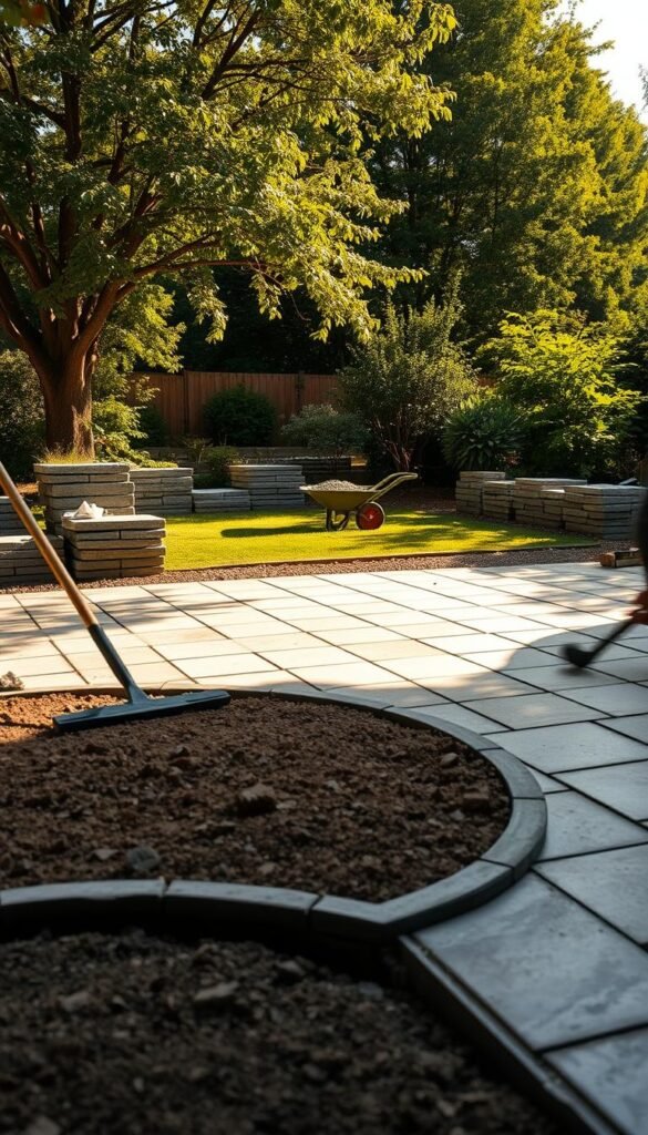 A well-lit outdoor scene of a stone patio base in the process of preparation. In the foreground, a worker is leveling the ground with a rake, revealing a smooth, compacted surface. Midground shows stacks of paving stones and a wheelbarrow filled with gravel. The background features a lush, verdant garden with mature trees and shrubs, casting soft, dappled shadows across the work area. The lighting is natural, with warm, golden tones and long shadows, creating a tranquil, serene atmosphere. The camera angle is slightly elevated, providing a comprehensive view of the entire patio construction process.