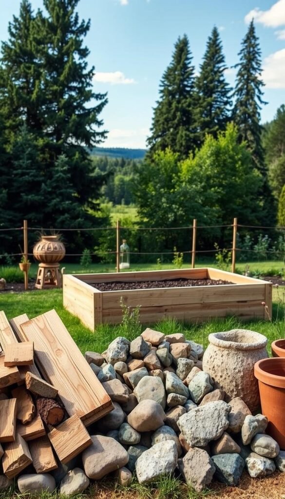 A well-lit outdoor scene showcasing an arrangement of various garden bed materials. In the foreground, a carefully curated display of natural wood planks, smooth river rocks, and rustic terracotta pots. The middle ground features a raised garden bed constructed with weathered cedar boards, its interior filled with rich, dark soil. In the background, a lush, verdant landscape with towering trees and a clear blue sky, creating a serene and tranquil atmosphere. The lighting is soft and diffused, accentuating the textures and hues of the materials. The camera angle is slightly elevated, providing a comprehensive view of the garden bed options. An image that inspires creativity and a connection to the natural world.