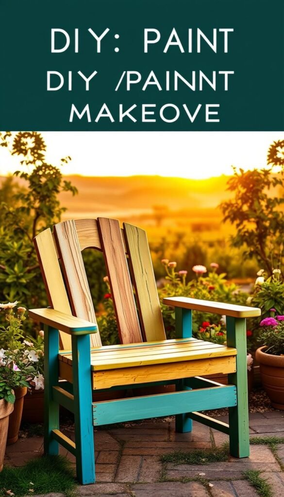 A well-lit, rustic outdoor scene featuring a wooden garden bench or chair with a fresh, vibrant DIY paint makeover. The furniture piece is positioned in the foreground, with a lush, green garden and blooming flowers in the middle ground, and a warm, golden sunset landscape in the background. The paint job showcases a vibrant, cheerful color palette, perhaps in shades of blue, green, or yellow, giving the furniture a renewed, rejuvenated appearance. The lighting is soft and diffused, creating a cozy, inviting atmosphere. The composition is balanced, with the furniture taking center stage and the surrounding elements complementing it. The overall scene conveys a sense of relaxation, creativity, and the satisfaction of a successful DIY project.