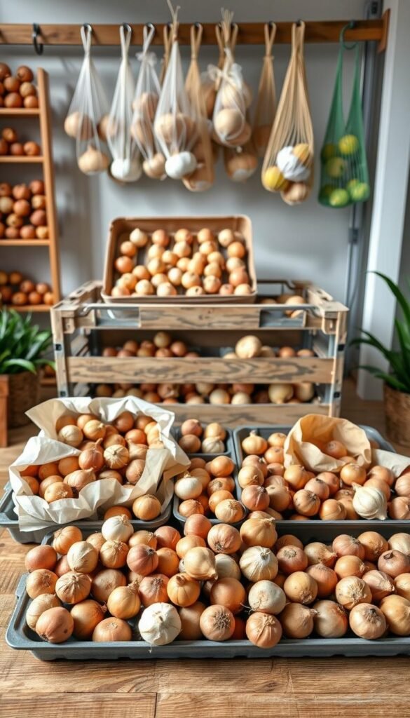 A well-lit studio scene showcasing various methods for storing and caring for spring flower bulbs. In the foreground, a collection of different sized bulbs neatly arranged on a wooden table, some in paper bags, others in shallow trays. The middle ground features an open storage crate with individual compartments, each holding a different type of bulb. In the background, shelves display bulbs stored in mesh bags, hanging from hooks. The lighting is soft and natural, highlighting the textures and colors of the bulbs. The overall mood is one of organization, care, and preparation for the upcoming planting season.