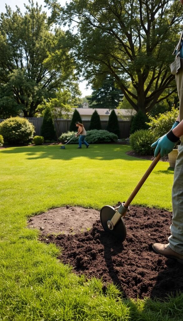 A well-lit, wide-angle shot of a suburban backyard with an expansive lawn. In the foreground, a person wearing gardening gloves and overalls is carefully removing patches of grass using a sod cutter, revealing the rich, dark soil underneath. In the middle ground, another person is raking up the cut sod, preparing the area for the next step. The background shows lush, mature trees and shrubs, casting soft, dappled shadows across the scene, suggesting a serene, natural setting. The overall mood is one of focused, methodical preparation, hinting at the transformation to come.