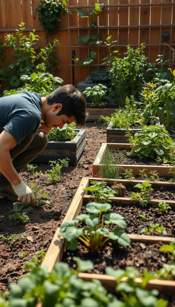 A well-lit, wide-angle view of a person carefully assessing a lush, diverse garden space. The foreground features a person kneeling down, intently examining the soil and vegetation. The middle ground showcases a variety of thriving plants, herbs, and vegetables in raised beds and containers, showcasing the potential for a budget-friendly, self-sustaining garden. The background includes a warm, natural setting with a wooden fence or trellis, hinting at the integration of recycled or repurposed materials. The overall mood is one of contemplation, potential, and a sense of connection to the natural world.