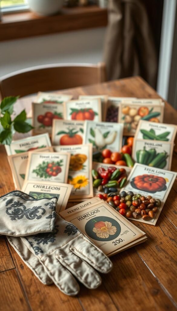 A well-lit wooden table holds a curated selection of heirloom seeds in vintage envelopes, each with unique patterns and illustrations. In the foreground, a pair of weathered gardening gloves rests alongside a set of seed packets, their labels showcasing the rich heritage and diverse varieties. The middle ground features a variety of heirloom tomato, bean, and squash seeds, their vibrant colors and intricate textures capturing the essence of a self-sustaining garden. The background is softly blurred, creating a sense of focus on the curated display, evocative of a serene and timeless gardening scene.