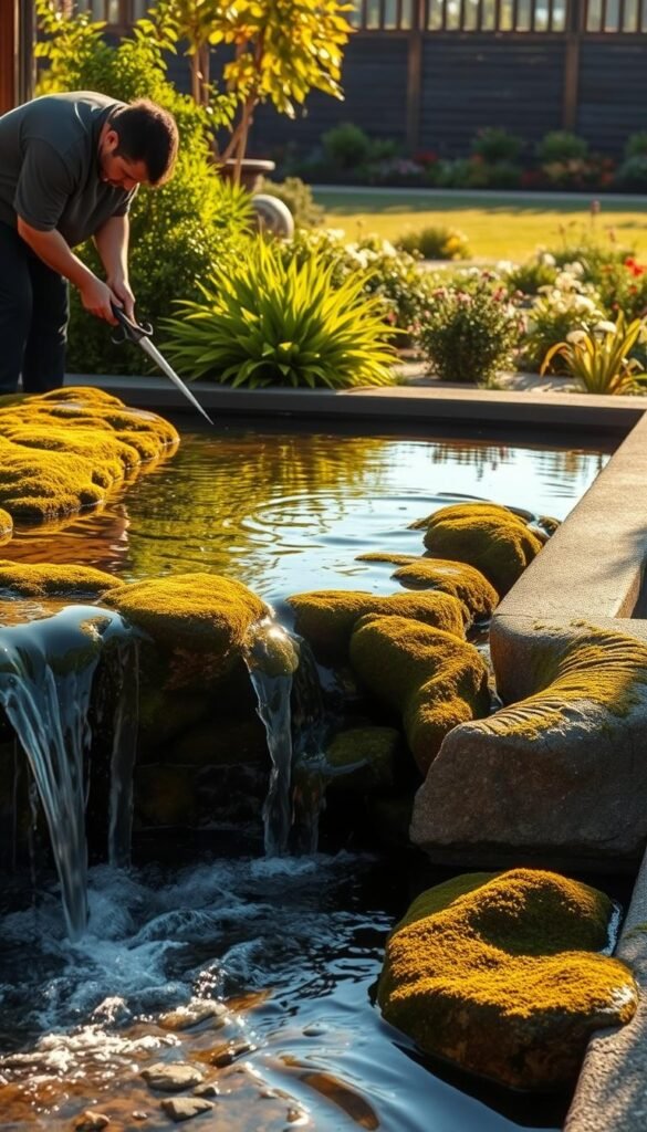 A well-maintained water feature, with a trickling stream cascading over moss-covered rocks. The tranquil scene is bathed in warm, natural light, casting soft shadows and reflections on the gently rippling water. In the foreground, a gardener is carefully pruning the surrounding lush, verdant foliage, ensuring the feature blends seamlessly into the carefully curated landscape. The middle ground showcases the clean, well-kept edges of the water feature, while the background reveals a serene garden setting, complete with blooming flowers and a distant tree line. The overall atmosphere evokes a sense of peaceful harmony, showcasing the beauty and functionality of a well-integrated water feature in a modern garden design.
