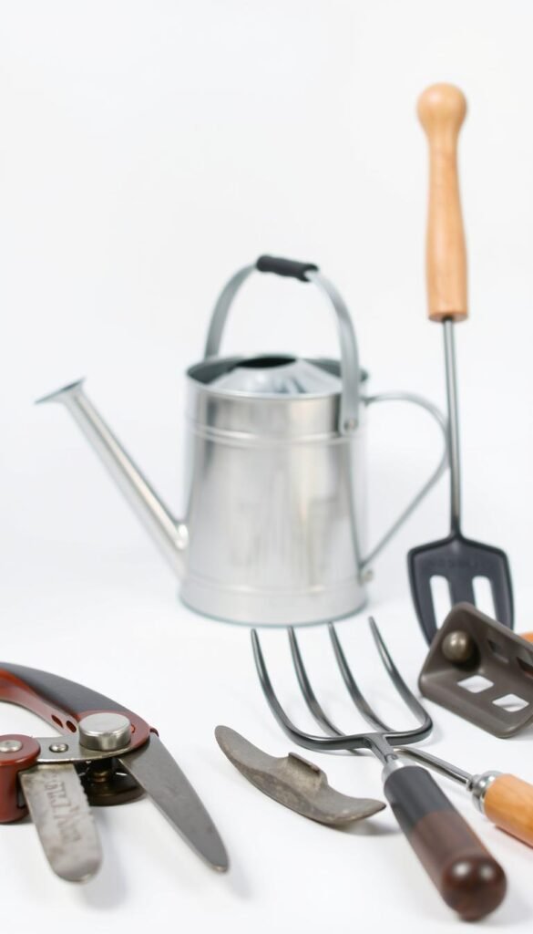 A well-organized collection of essential gardening tools set against a clean, minimalist background. In the foreground, a pair of pruning shears, a hand trowel, and a small garden fork lay neatly arranged. In the middle ground, a watering can and a hand cultivator stand upright, their metal surfaces reflecting soft, natural lighting. In the background, a simple wooden handle of a rake or hoe emerges, hinting at a larger assortment of tools. The overall scene conveys a sense of organization, efficiency, and a dedication to the art of garden design.