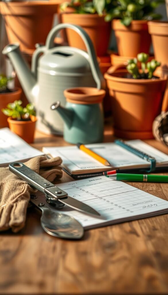 A well-organized collection of small garden planning tools arranged on a wooden table, bathed in warm, natural lighting. In the foreground, a trowel, pruning shears, and a gardening glove nestle together, their textures and materials subtly showcased. In the middle ground, a notebook and pencil stand ready to capture garden plans and notes. The background features terracotta pots, a watering can, and other essential gardening implements, creating a cohesive scene that evokes a sense of purpose and preparation for cultivating a flourishing square garden.