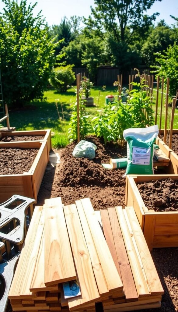 A well-organized, expansive raised garden bed constructed from natural, sturdy materials. In the foreground, a selection of high-quality cedar planks, galvanized steel corner brackets, and heavy-duty landscape fabric. In the middle ground, a collection of potting soil, compost, and organic fertilizer, ready to nourish the future plants. The background features a tranquil, sun-dappled setting with lush greenery, hinting at the lively, thriving garden to come. Crisp, natural lighting illuminates the scene, capturing the textures and tones of the materials in vivid detail. An inviting, earthy atmosphere, primed for a bountiful, organized growing space.