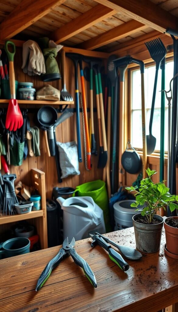 A well-organized garden shed filled with an array of essential gardening tools and supplies. In the foreground, a wooden workbench holds a pair of pruning shears, a trowel, and a small potted plant. In the middle ground, garden gloves, a watering can, and a bag of soil rest on shelves. The background features hanging gardening tools like rakes, shovels, and hoes, illuminated by natural light filtering through a window. The scene conveys a sense of organization, functionality, and a love for the craft of gardening.
