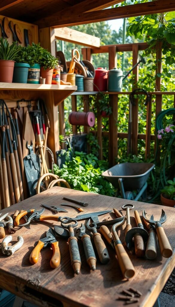 A well-organized garden shed with an assortment of essential maintenance tools neatly arranged on shelves against a backdrop of lush greenery. In the foreground, a variety of hand tools, including pruning shears, trowels, garden forks, and hand cultivators, sit on a worn wooden workbench bathed in warm, natural light. In the middle ground, a wheelbarrow, watering cans, and garden hoses are visible, hinting at the ongoing work required to keep the garden thriving. The background features a glimpse of flourishing plants and flowers, suggesting the ultimate purpose of these tools - to nurture and maintain a vibrant, productive edible garden. The overall scene conveys a sense of order, diligence, and a deep appreciation for the natural world.