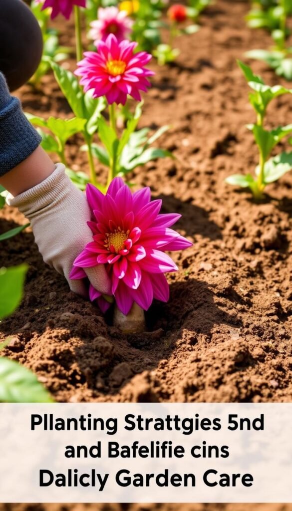 A well-tended dahlia cut flower garden, showcasing the ideal planting depth for vibrant, show-stopping blooms. A close-up view of freshly tilled soil, with a gardener's gloved hands carefully placing a dahlia tuber at the perfect 6-8 inch depth. Warm, natural lighting illuminates the soil's rich texture, hinting at the lush foliage and captivating flowers soon to emerge. The scene evokes a sense of diligent care and anticipation, setting the stage for the "Planting Strategies and Daily Garden Care" section of the article.