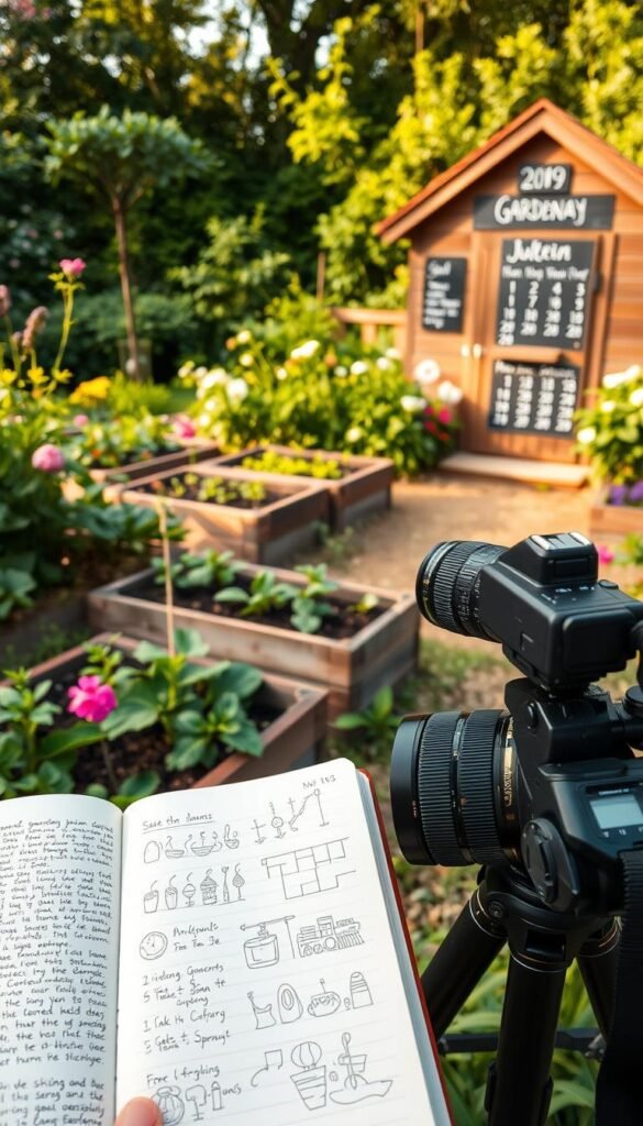 A well-tended garden with lush greenery and blooming flowers. In the foreground, a hand-drawn garden journal tracks the progress of various plants, with detailed notes and sketches. The middle ground features raised garden beds, each showcasing a different stage of growth - from seedlings to fully mature produce. In the background, a quaint wooden shed with a chalkboard calendar charts the changing seasons. Warm, natural lighting bathes the scene, creating a peaceful, contemplative atmosphere. A DSLR camera on a tripod captures the scene, highlighting the importance of documenting the garden's evolution over time.
