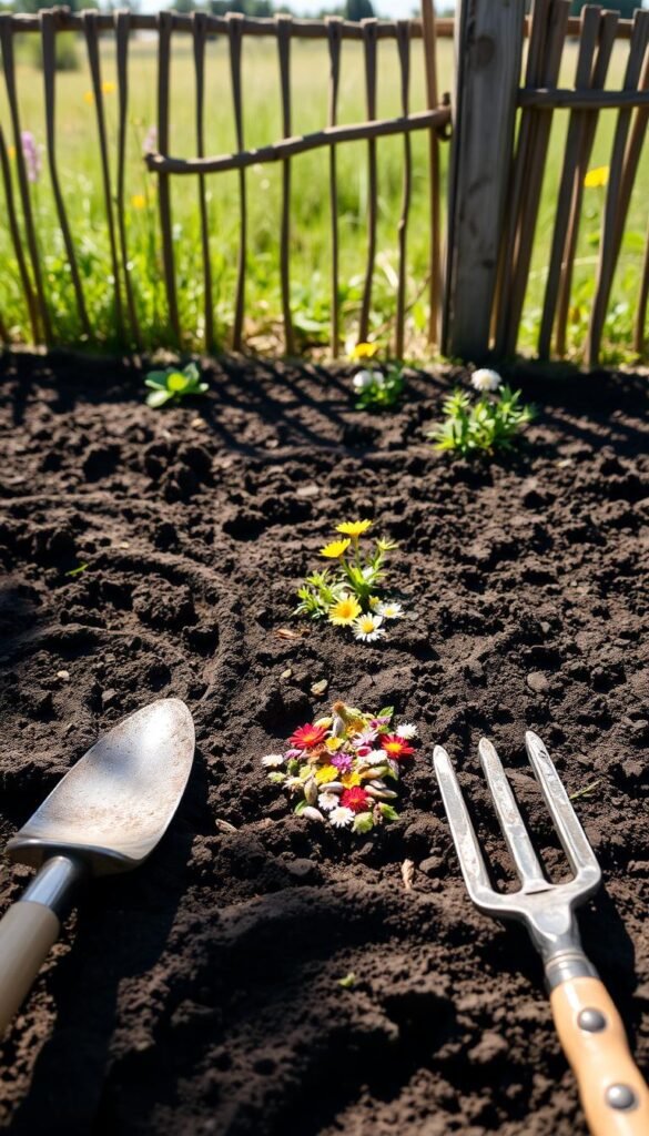 A well-tilled garden bed, dark soil freshly turned, awaits the colorful explosion of a wildflower meadow. Sunlight dapples the scene, casting soft shadows across the rippled earth. In the foreground, gardening tools - trowel, rake, and hoe - stand ready to nurture the delicate seedlings. The middle ground features an array of native wildflower seeds, their tiny forms anticipating their transformation into vibrant blooms. In the background, a weathered wooden fence frames the serene landscape, hinting at the harmonious coexistence of nature and human cultivation. This idyllic setting captures the essence of site preparation, where the foundation is laid for a thriving, pollinator-friendly wildflower garden.