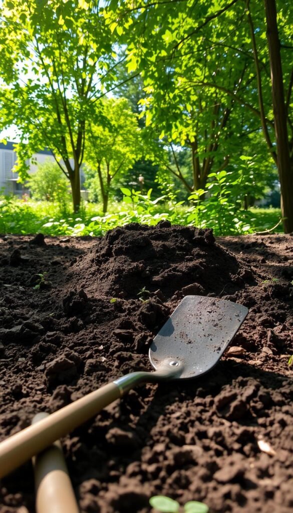A well-tilled garden bed, the soil meticulously prepared for planting. In the foreground, a gardener's trowel and rake lie beside a mound of rich, dark earth, ready to be amended with organic compost. Dappled sunlight filters through the canopy of lush, verdant plants in the background, casting a warm, natural glow. The scene exudes a sense of tranquility and anticipation, as the gardener thoughtfully plans the layout of their fragrant flower garden, mindful of the needs of pollinating insects. A gentle breeze carries the earthy scent of the freshly turned soil, setting the stage for a harmonious union of human, plant, and nature.