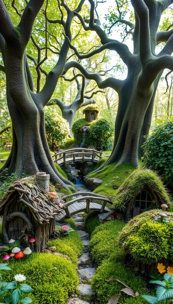 A whimsical collection of DIY fairy house structures nestled in a lush, enchanted garden. In the foreground, intricate twig and moss-covered cottages, their delicate roofs adorned with wildflowers and mushrooms. In the middle ground, a winding pathway leads past a babbling brook spanned by a quaint wooden bridge. Towering trees with twisted, gnarly branches frame the scene, casting dappled sunlight across the magical landscape. The overall mood is one of rustic charm and natural wonder, inviting the viewer to step into this miniature fairy realm.