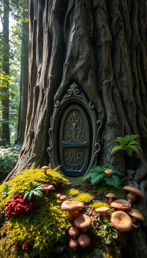 A whimsical fairy door nestled within the gnarled bark of an old growth tree trunk, surrounded by a lush, magical forest. The door is intricately carved with intricate patterns and details, inviting the viewer into a storybook realm. Dappled sunlight filters through the canopy, casting a warm, enchanted glow. Vibrant mosses, ferns, and mushrooms spill out from the base of the tree, creating a enchanting, fairytale-like scene. The composition is balanced and visually compelling, capturing the spirit of a DIY woodland fairy project in a naturalistic, highly detailed manner.