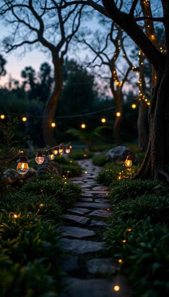 A whimsical fairy garden at dusk, illuminated by a soft, warm glow. In the foreground, delicate string lights dance across the lush, verdant ground cover, casting a magical ambiance. Midground, miniature lanterns and glowing orbs hover above a winding stone path, leading deeper into the enchanted space. In the background, tall, twisted trees frame the scene, their branches adorned with flickering fairy lights that twinkle like stars. The overall atmosphere is one of tranquility and wonder, inviting the viewer to step into this captivating, otherworldly domain.