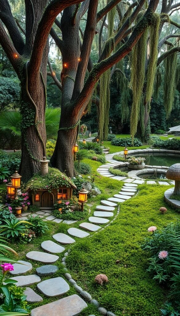 A whimsical fairy garden backyard, lush with vibrant greenery and enchanting flora. In the foreground, a winding stone path leads to a miniature fairy house nestled among delicate flowers and glowing lanterns. Towering trees in the middle ground cast a warm, soft light, their branches dripping with vines and mystical mushrooms. In the distance, a serene pond reflects the twinkling stars above, surrounded by a lush carpet of moss and ferns. The overall atmosphere is one of wonder, discovery, and pure imagination, inviting both children and adults to explore this magical realm.