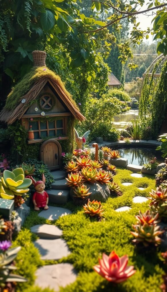 A whimsical fairy garden creation in a lush, sun-dappled clearing. In the foreground, a charming cottage-style structure with thatched roof and mossy walls, adorned with delicate flowers and trailing vines. Nestled among the verdant foliage, clusters of vibrant succulents in varying shapes and hues create a magical, otherworldly ambiance. Curving stone paths wind through the scene, leading the eye to a picturesque pond reflecting the dancing patterns of light. Enchanting fae creatures peek out from behind lush, overflowing greenery, their presence hinted at by subtle movement and a sense of wonder. The overall atmosphere exudes a captivating blend of natural beauty and enchanting enchantment.