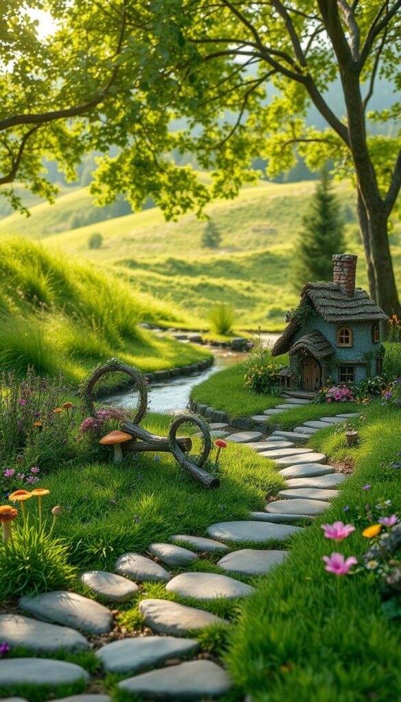 A whimsical fairy garden landscape set in a lush, verdant backyard. In the foreground, a winding pathway of smooth river stones leads towards a charming miniature fairy house with a thatched roof and flower-laden trellises. Clusters of vibrant wildflowers, mushrooms, and mossy logs dot the scene, creating a sense of enchantment. The middle ground features a babbling brook that reflects the dappled sunlight filtering through the canopy of overarching trees. In the background, rolling hills are blanketed in a tapestry of emerald grasses and wildflowers, with a distant forest providing a mystical backdrop. The lighting is soft and dreamlike, evoking a sense of timeless wonder and tranquility.