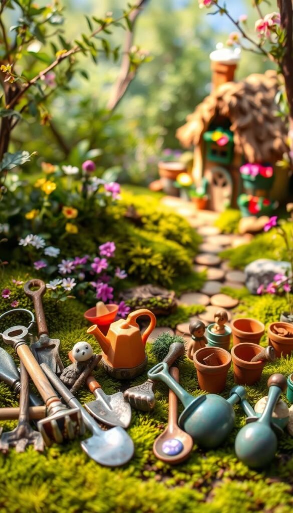 A whimsical fairy garden scene, bathed in soft, warm lighting. In the foreground, an assortment of miniature gardening tools and accessories - tiny shovels, watering cans, plant pots, and decorative figurines. The middle ground features a lush, verdant landscape with blooming flowers, vibrant mosses, and a winding path leading deeper into the magical realm. In the background, a charming fairy cottage peeking through the foliage, its thatched roof and colorful window boxes adding to the enchanting ambiance. The overall composition conveys a sense of wonder, inviting the viewer to step into this enchanting world and explore the essential supplies for a personalized fairy garden project.