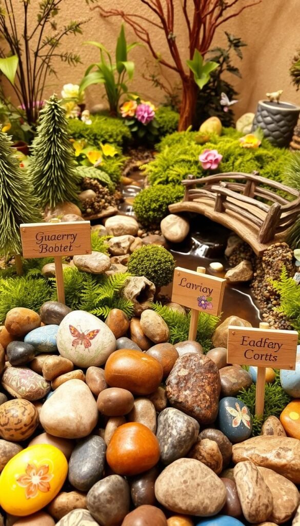 A whimsical fairy garden scene with a variety of handcrafted elements. In the foreground, an assortment of colorfully painted river rocks and wooden signs with delicate fairy-themed designs. The middle ground features an array of lush, verdant foliage, including miniature trees, ferns, and flowers. In the background, a tranquil pond or stream with a rustic wooden bridge crossing it. Warm, soft lighting illuminates the scene, creating a cozy, enchanted atmosphere. The overall composition conveys a sense of personalized, artisanal touches that enhance the magical ambiance of the fairy garden.
