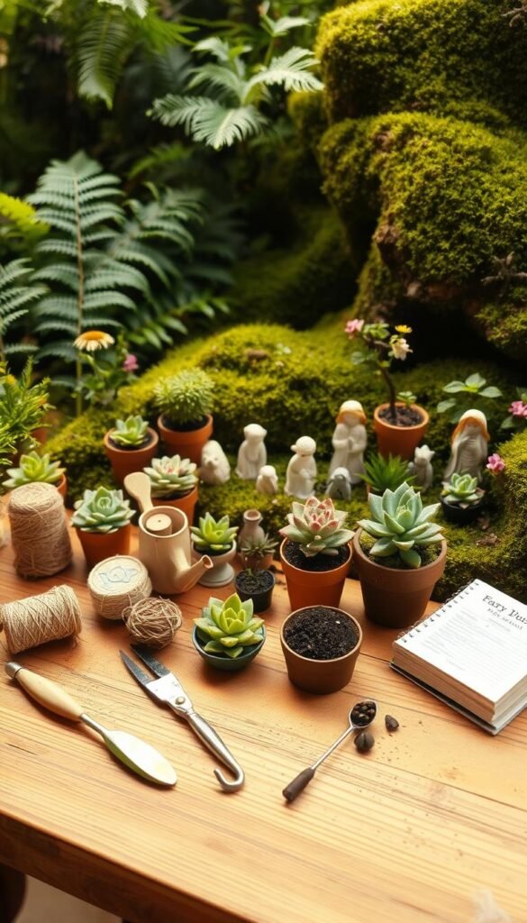 A whimsical fairy garden scene, with an assortment of miniature tools and materials neatly arranged on a wooden table. In the foreground, a delicate trowel, pruning shears, and a small watering can sit alongside a spool of twine and a tiny pot of soil. The middle ground features a selection of potted succulents, miniature garden statues, and a fairy-sized gardening journal. In the background, a lush, verdant backdrop of ferns, moss, and tiny flowers creates a serene, enchanted atmosphere, softly lit by warm, diffused natural light. A sense of wonder and attention to detail permeates the scene, inviting the viewer to imagine the magical world of fairy gardening.