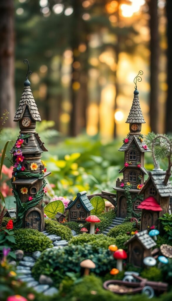 A whimsical fairy garden with towering DIY fairy house structures and charming miniature cottages. In the foreground, intricate fairy house towers adorned with colorful flowers, vines, and enchanting roofs. In the middle ground, a cluster of quaint fairy cottages nestled among lush greenery and mushrooms. The background features a tranquil forest setting with soft, warm lighting filtering through the trees, creating a magical, ethereal atmosphere. The scene is composed with a shallow depth of field, gently blurring the background to draw the eye to the detailed fairy houses. Overall, a captivating, imaginative, and fantastical scene that evokes a sense of wonder and delight.
